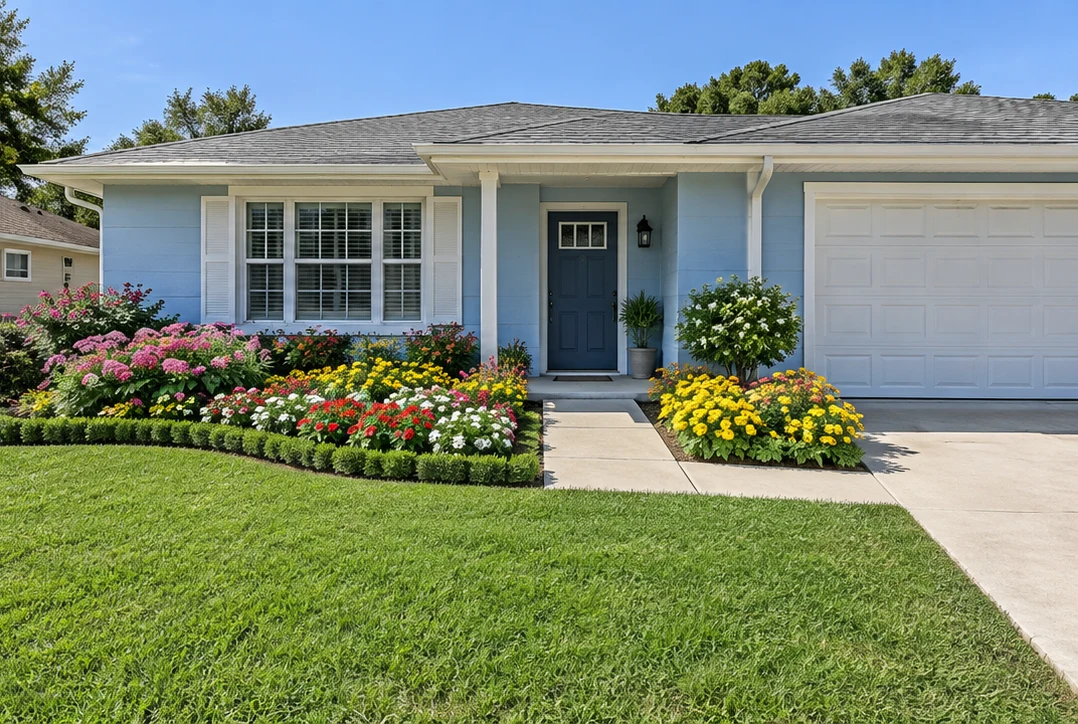 Blue one-story suburban ranch front yard with colorful massed flowering borders in bright daylight