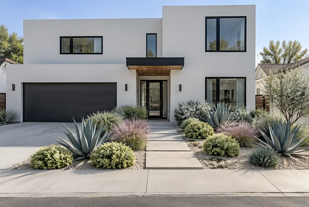 White two-story angular home front yard with agave forms and ornamental grasses in morning light