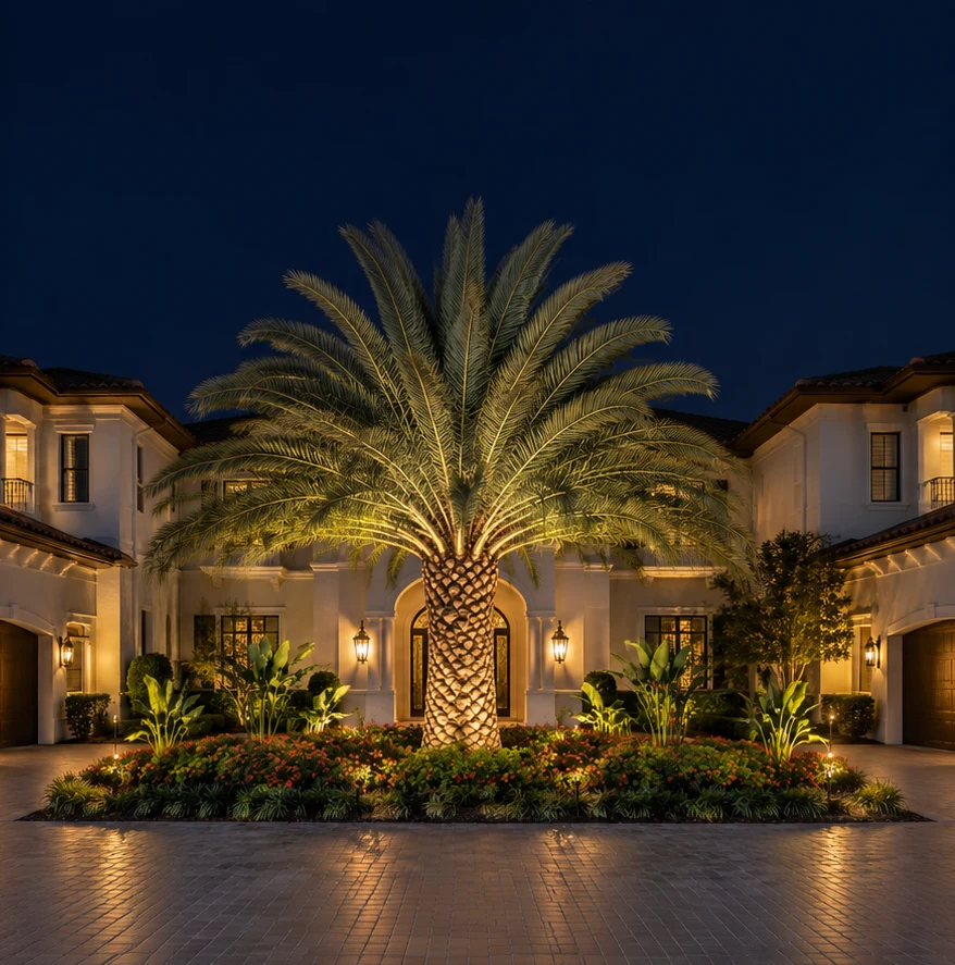 Mediterranean two-story estate entrance at night with one prominent uplighted Sylvester date palm