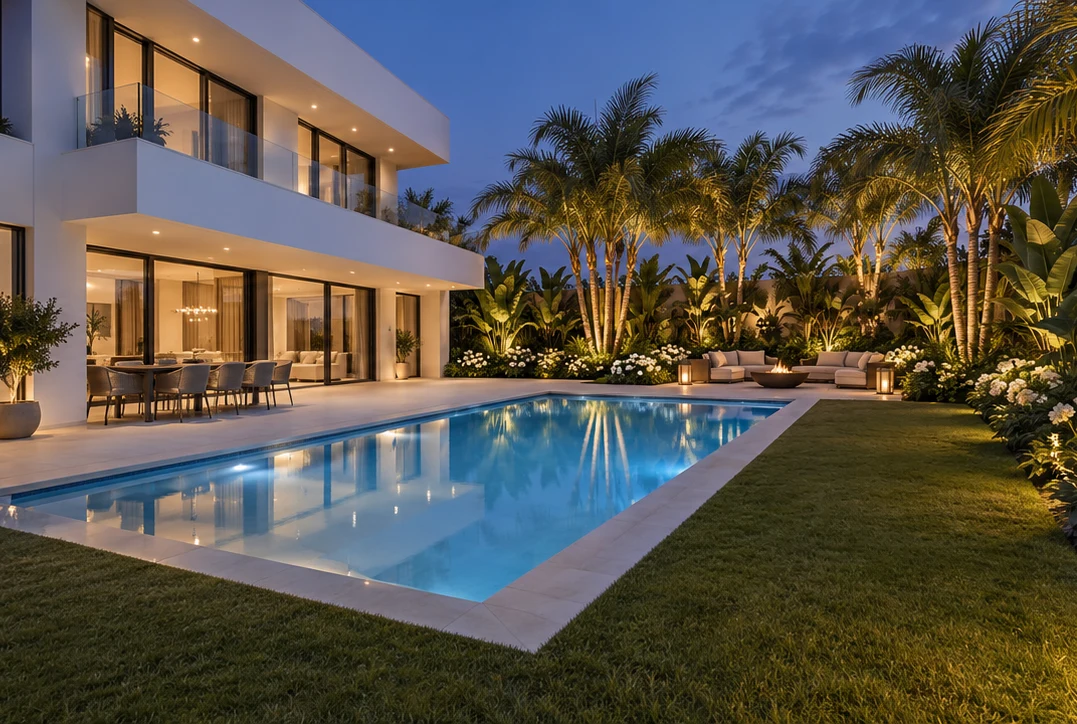 Contemporary luxury mansion pool backyard with layered planting and warm landscape lighting at blue hour