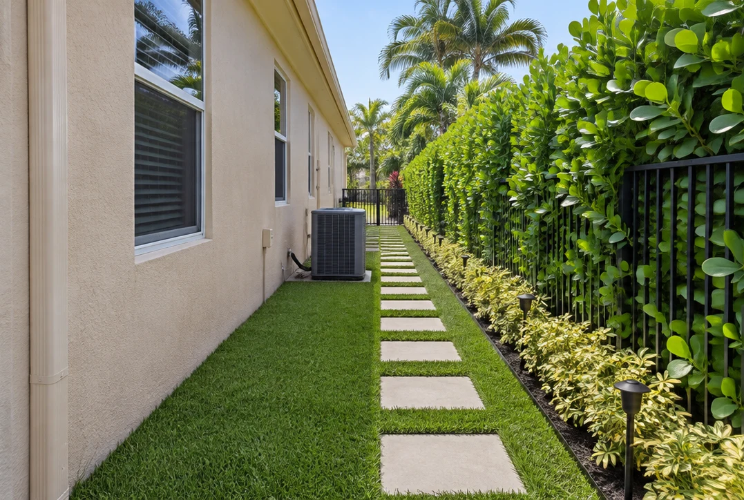 Tan one-story ranch narrow side yard with a continuous dense Clusia privacy hedge and clear walkway
