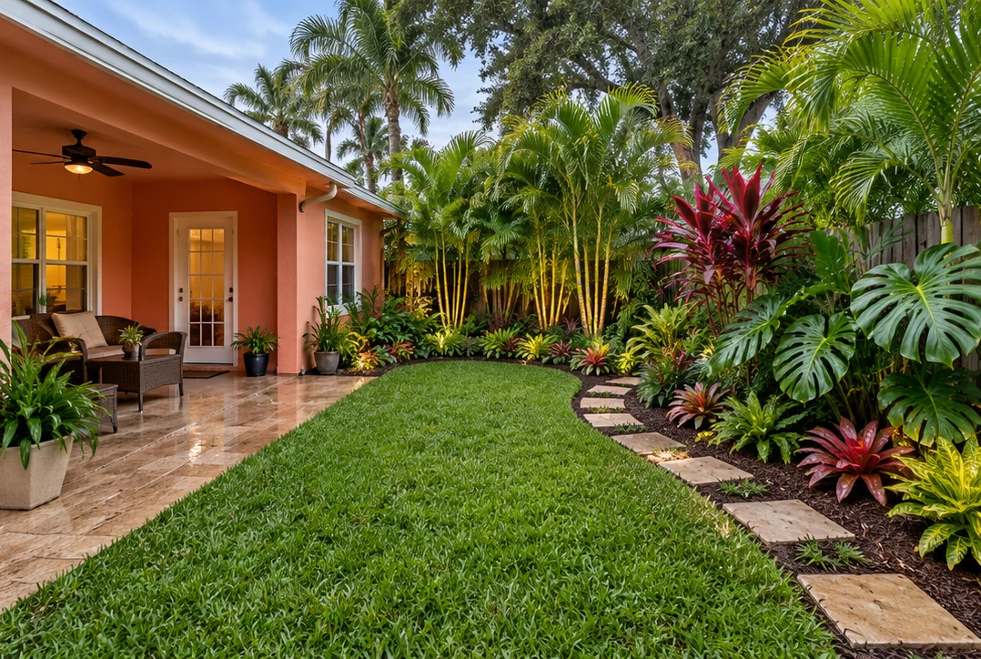Coral one-story bungalow backyard with layered tropical planting in daylight