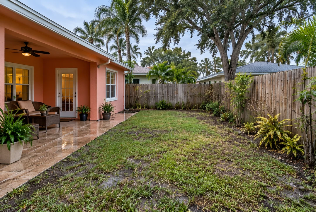 Imagined starting condition: coral bungalow backyard before the proposed planting