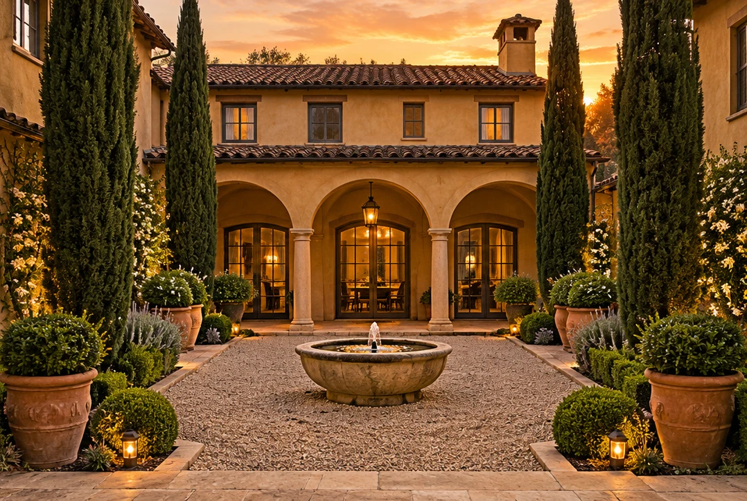Ochre two-story villa courtyard with tall narrow evergreens, terracotta, gravel and a basin fountain at sunset